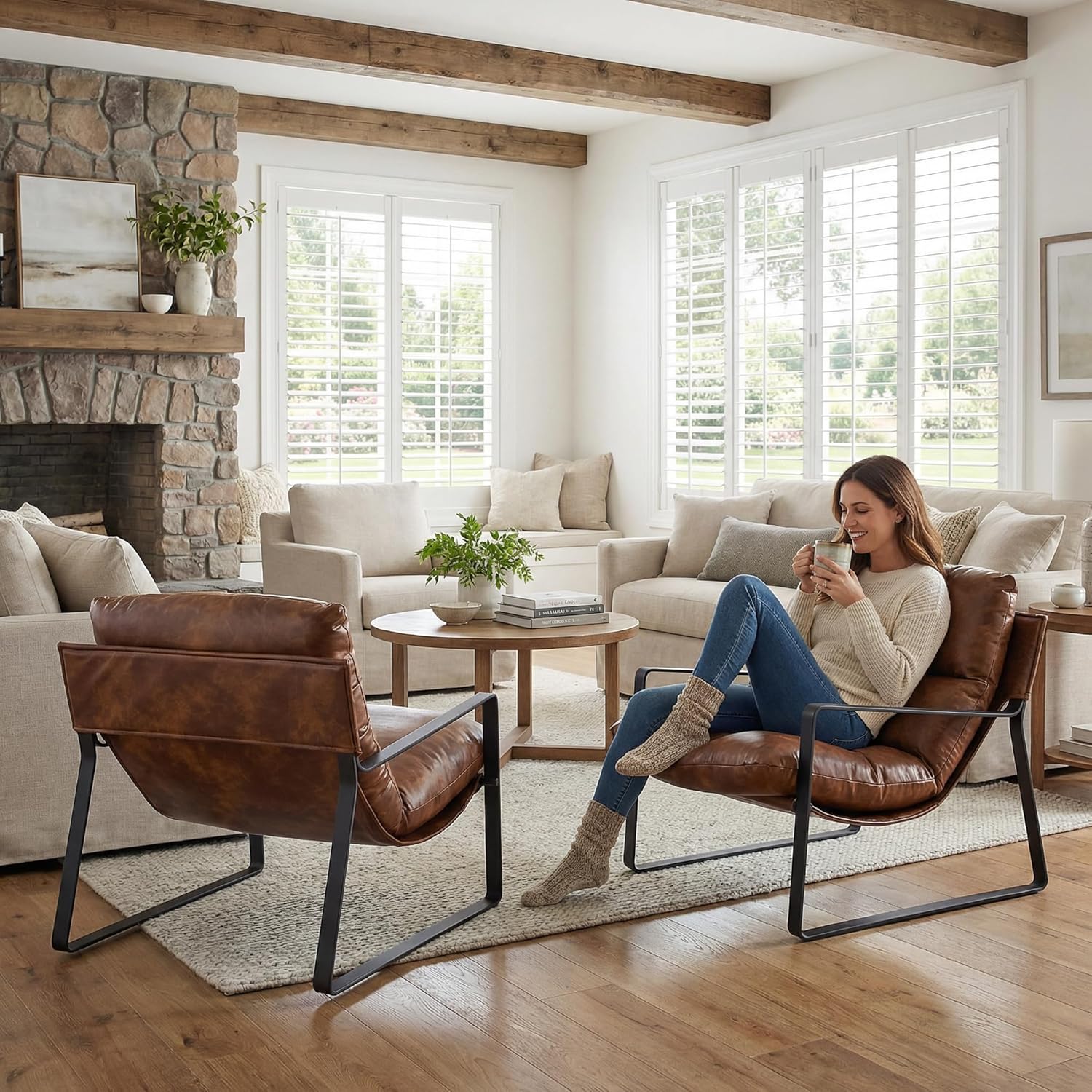 PU Leather Accent Armchair Set - Adirondack Chair Wood 评论和价格